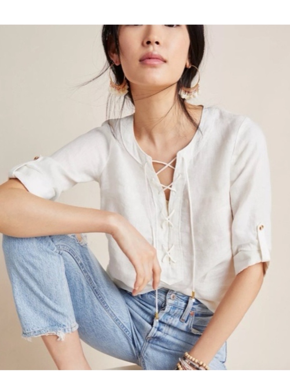 Maeve Anthropologie Ivory Linen Lace-Up Tunic Blouse Size 4 Top Shirt